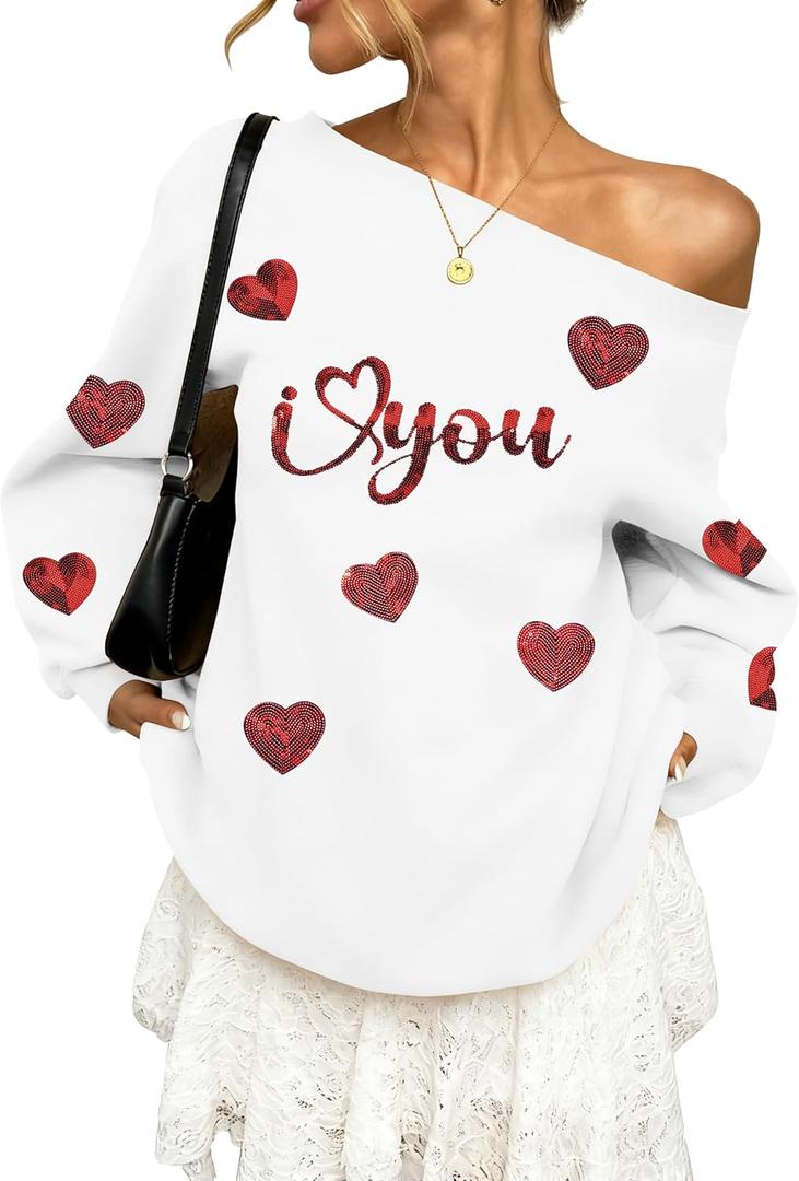 BANGELY Valentines Off Shoulder Sweatshirt Women Love Heart Long Sleeve Shirt Casual Oversized Sweatshirts Fashion Sequin Top (White, L)