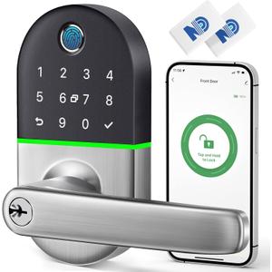 Smart Keypad Door Lock with Handle: NICE DIGI Keyless Entry Fingerprint Lock for Front/Interior Door, Electronic Digital Lock with Code, Easy Installation(Model X1) (Black-Silver)