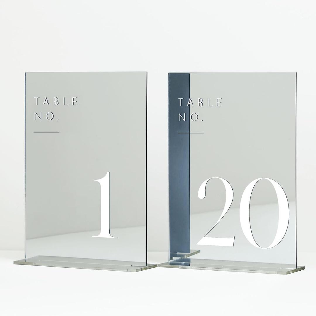 JINMURY Sliver Wedding Table Numbers 1-20 with Stands, 5"x7" Sliver Mirror Acrylic Table Numbers for Wedding Reception (Sliver Mirror White Font, Number 1-20, 5"x7")