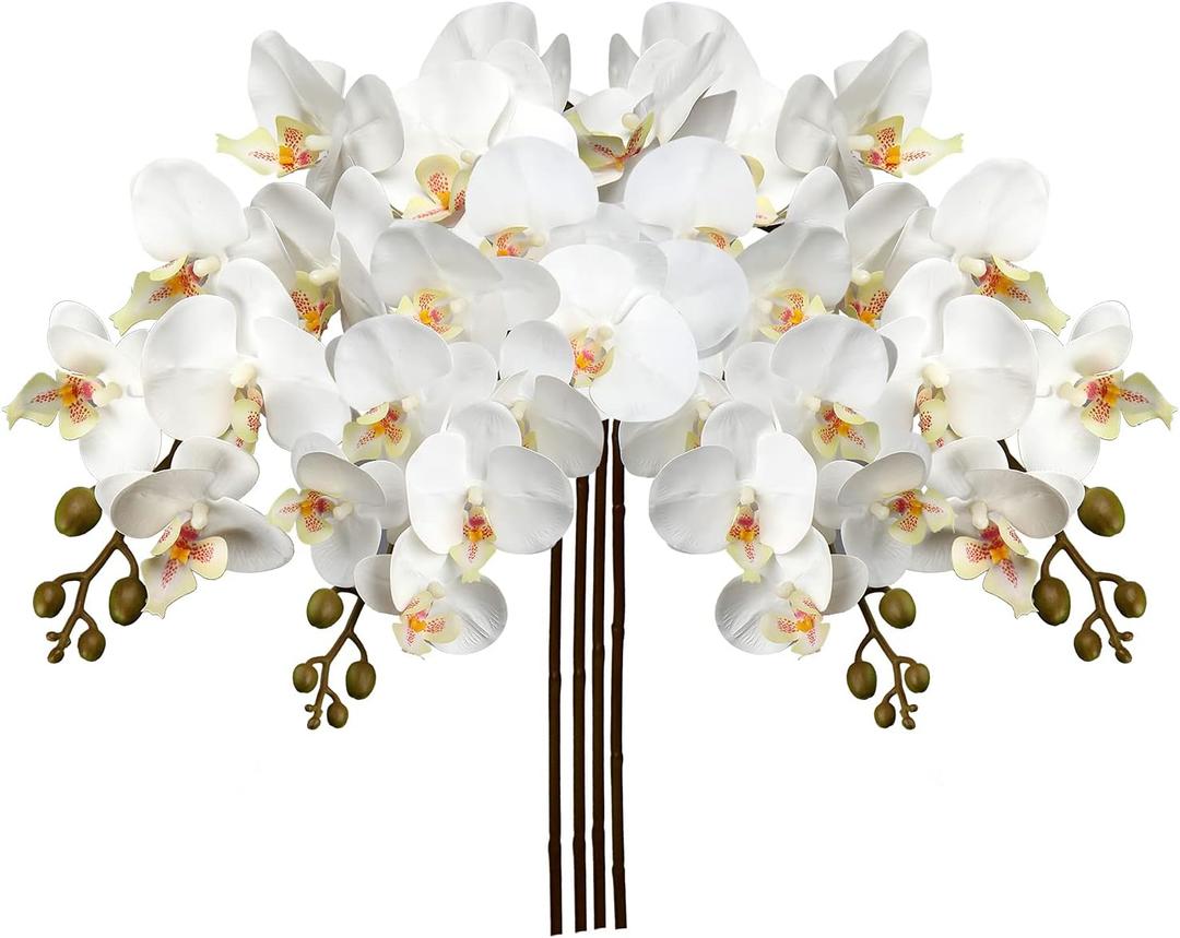 DILATATA 4 Pcs Artificial Orchid Stems with 9 Large Flowers Real Touch Phalaenopsis Orchids Flowers Fake Flower Branches 31.5" Tall for Home Arrangement -White Green Orchid