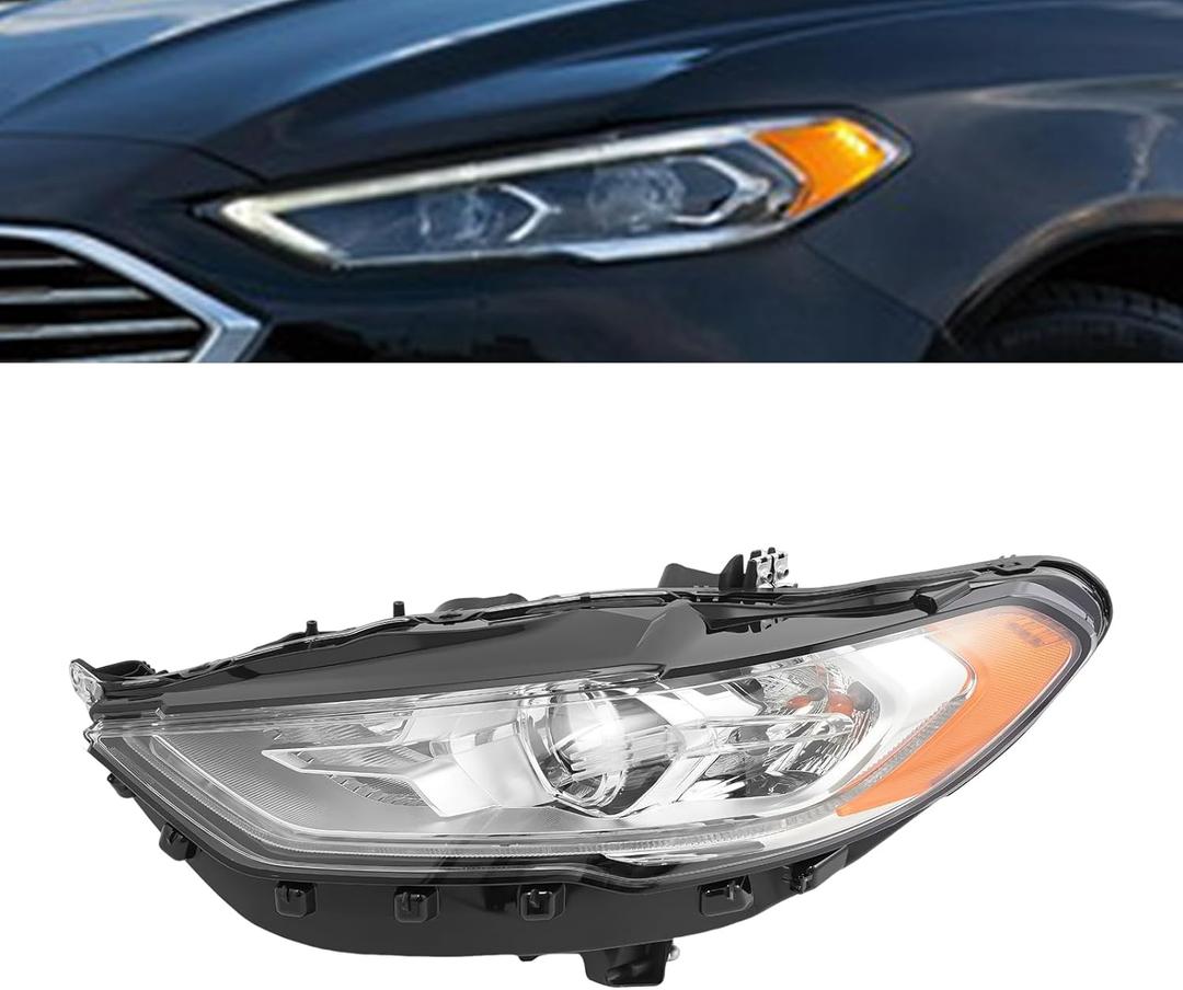 Halogen Headlights Headlamps w/LED DRL For 2017 2018 2019 2020 Ford Fusion, Left & Right Side Headlight Assembly Head Lamps Front Head Lights Bulb Included (Left Driver Side)