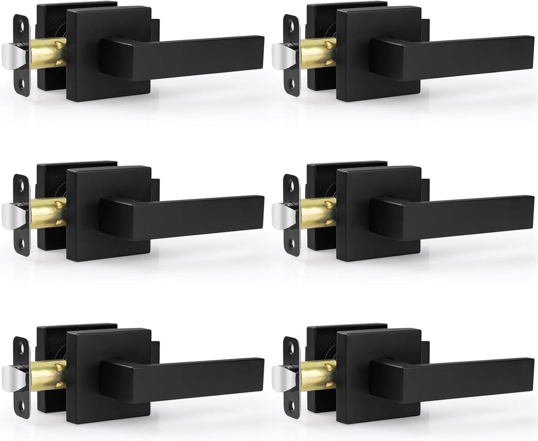 6 Pack Door Handles Matte Black - Passage Door Knobs Interior Square Door Levers, Heavy Duty Non-Locking Leversets Hall Closet Handles, Reversible for Right & Left Sided Doors (Passage(No Lock))
