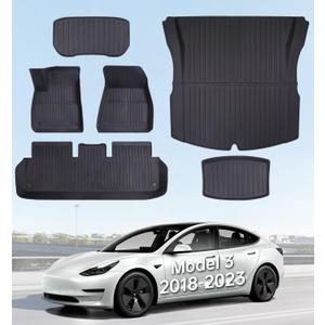 Floor Mats for Tesla Model 3 2023-2018 - Full Set All Weather TPE Front, Rear, Cargo & Sub-Trunk Mats, 6-Piece Custom Fit