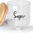 HAOTOP Clear Glass Condiment Pots with Spoon Wooden Lid and Silicone Sealing, Farmhouse Container Jar Dispenser Holder for Home Kitchen,12 oz Labeled Sugar