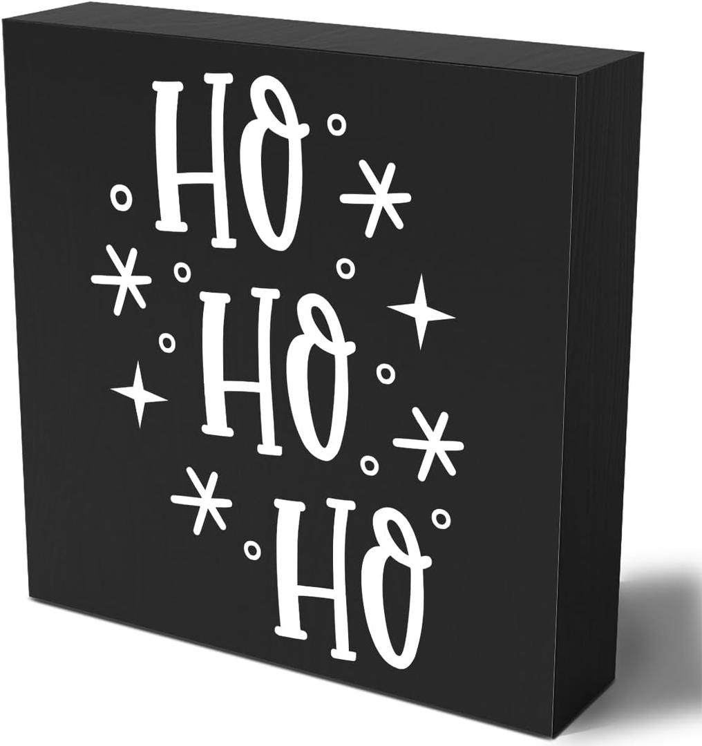 Funny Christmas Wooden Box Sign Plaque Ho Ho Ho Snowflake Black Wood Box Sign Rustic Art Home Shelf Desk Decor 5 x 5 x 1 Inches