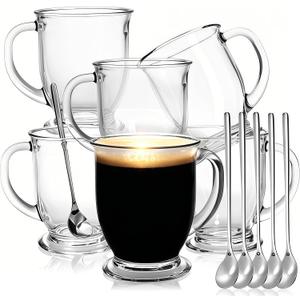6 Pack Glass Coffee Mugs with 6 Spoons, 15 OZ Clear Drinking Glasses with Handle, Large Espresso Cup, Hot Cold Beverage Glassware Set for Water, Tea, Cappuccino, Latte, Juice, Cocoa, Milk