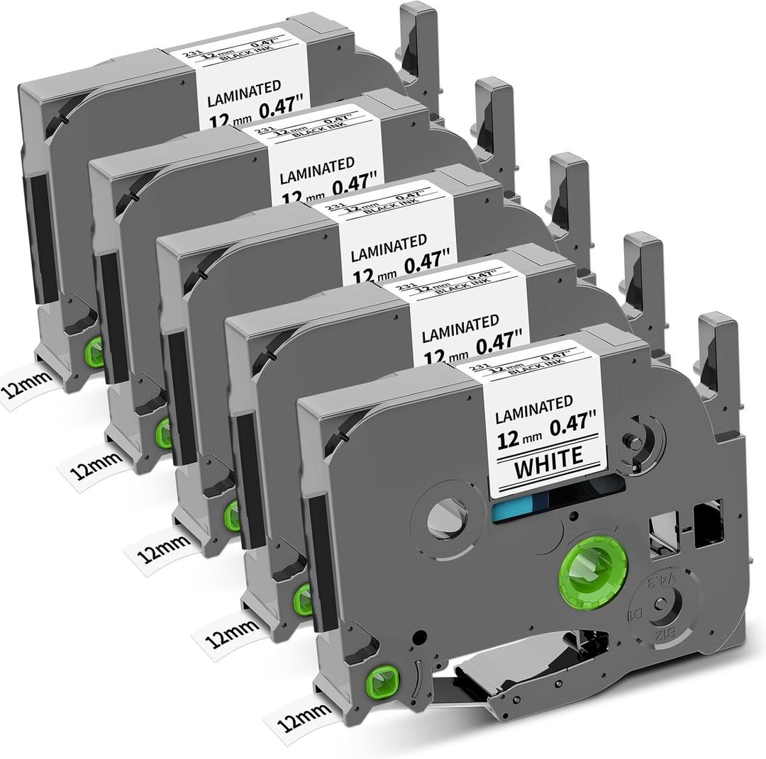 COLORWING TZe-231 Compatible with Brother P-Touch Label Tape TZ Tape 12mm 0.47 Laminated White TZe231 Label Maker Tape 1/2 inch for Brother Ptouch PT-D210 D220 H110 D400 D610 1280 Cube Refills, 5-Pack