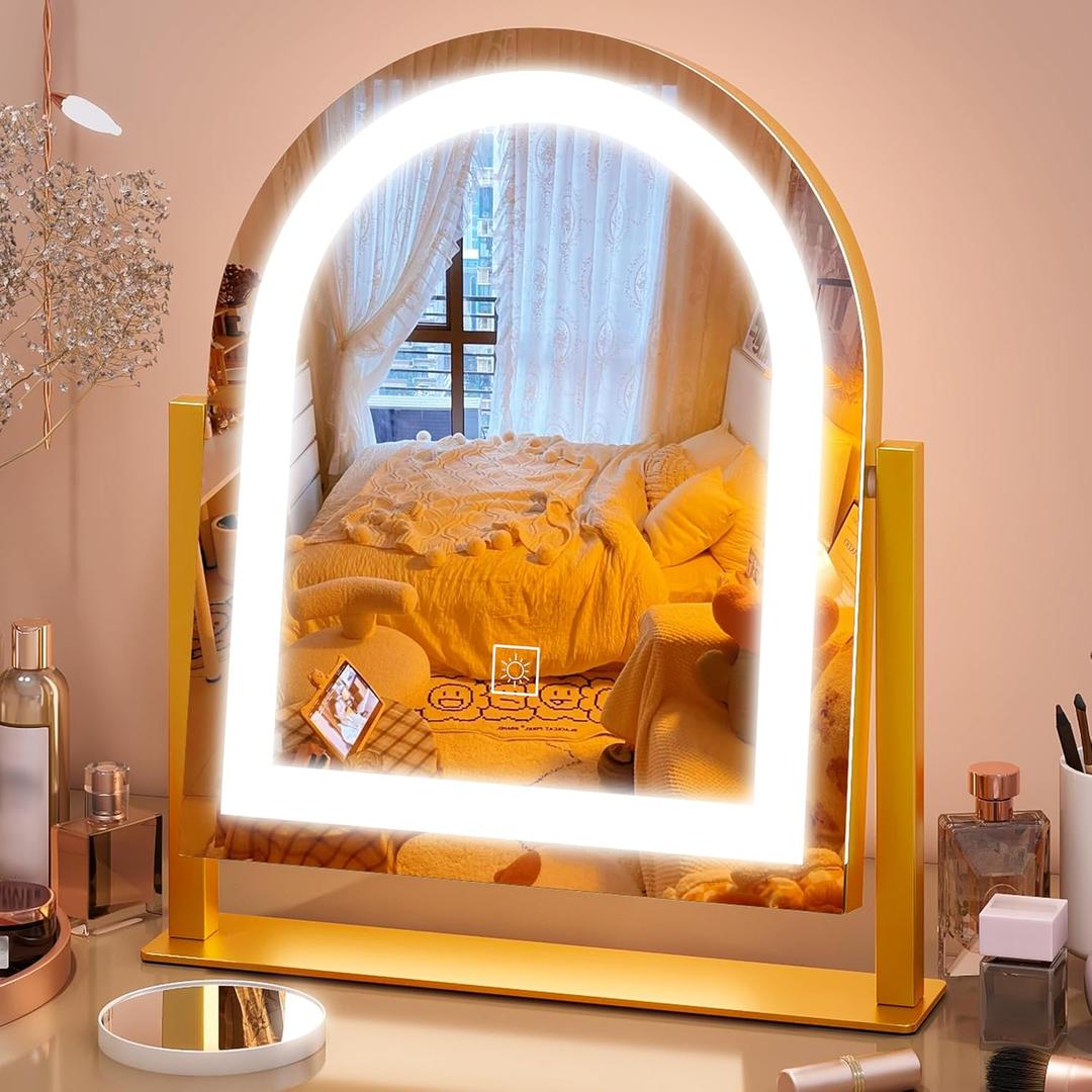 FENNIO Large Vanity Mirror with Lights - 15.5"x13" LED Lighted Makeup Mirror with Lights, 10X Magnification, Touch Screen with 3-Color Lighting, Dimmable, for Vanity Desk Tabletop, BedroomGold