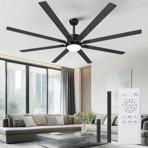 Obabala 100IN Industrial Ceiling Fan Black Large Ceiling Fans without Lights, Outdoor Black Fan with 6 Speeds Quiet DC Motor Reversible, 8 Blades Fan with Remote for Patios Dining Living Room