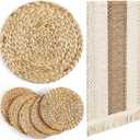 Baderke 7 Pcs Boho Table Runner and Round Placemats Set Table Runner Woven Placemats Braided Water Hyacinth Place Mat Farm Beige Centerpiece for Christmas New Year Dining(12 x 108 Inch)