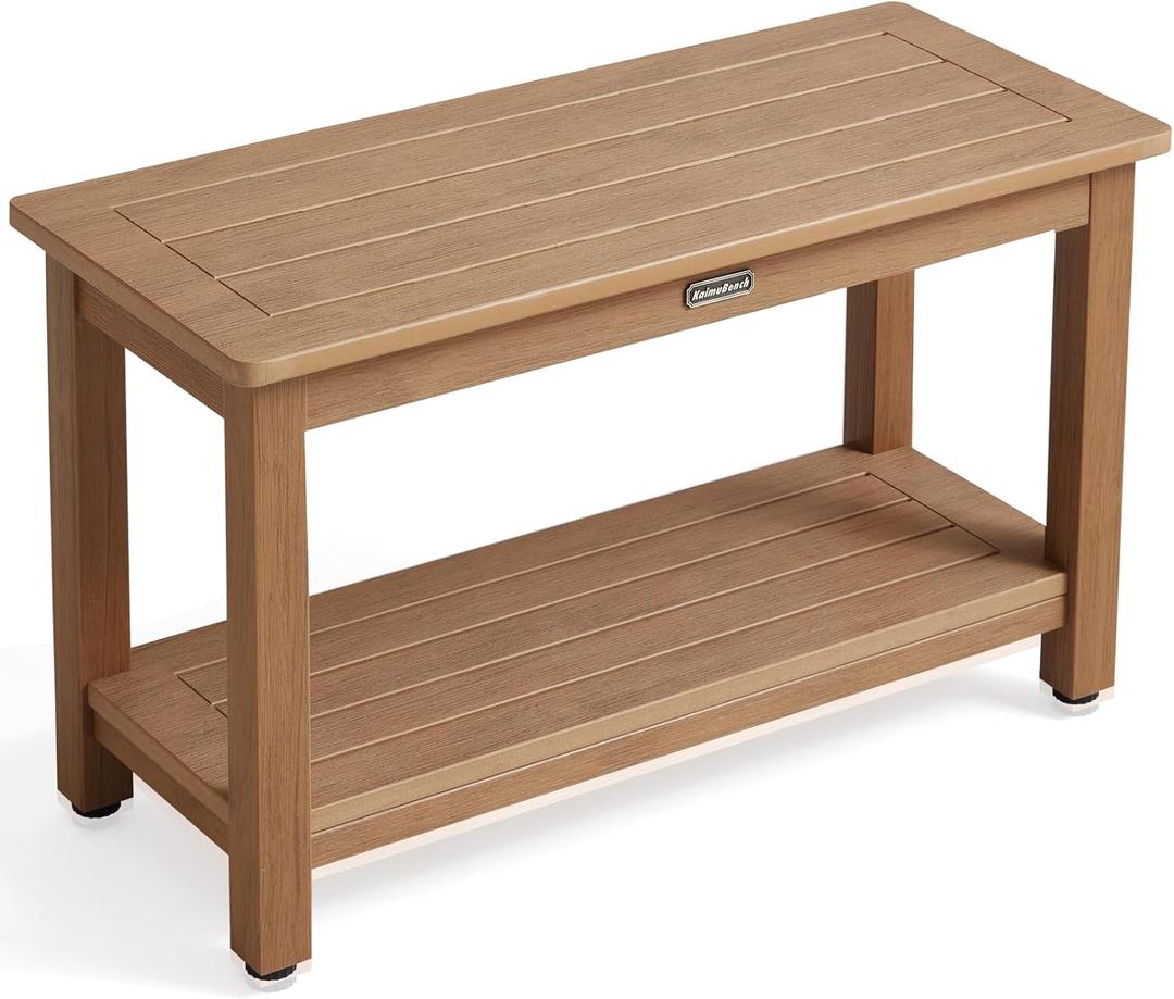 30'' Large Shower Bench Seat, Poly Lumber Bath Stool for Inside Shower Waterproof, HDPS Bathroom Chair for Shaving Legs with Adjustable Feet, Non-Slip & No Maintenance, Brown XL Size(30*13*18'')