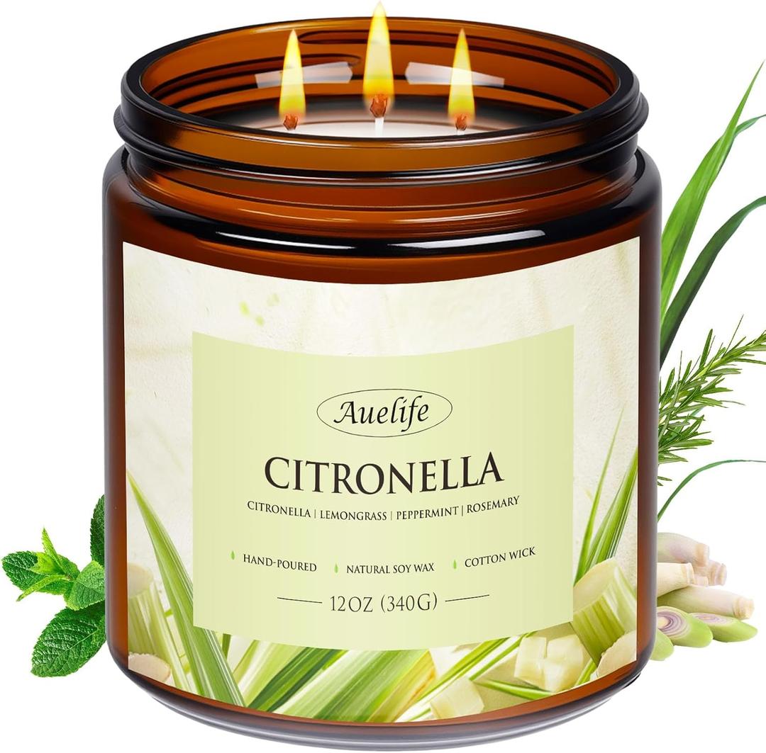 Auelife Scented Candles, 12oz Large 3-Wick Candle for Home Patio Camping & Garden, Natural Soy Wax Citronella Candle for Summer Gift, Long Lasting for Indoor Home Scented, 50+ Hour Burn