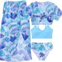 Girls Swimsuit 4 Piece Tropical Bathing Suits Taniki Bikini Swimwear Sets with Cover Up Skirt for 9-16Y (10-11 Years, Blue)