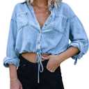 Kwoki Women's Cropped Denim Shirt Roll Up 3/4 Sleeve Casual Loose Crop Tops Drawstring Hem Button Front Jean Jacket (X-Large, Light Blue)