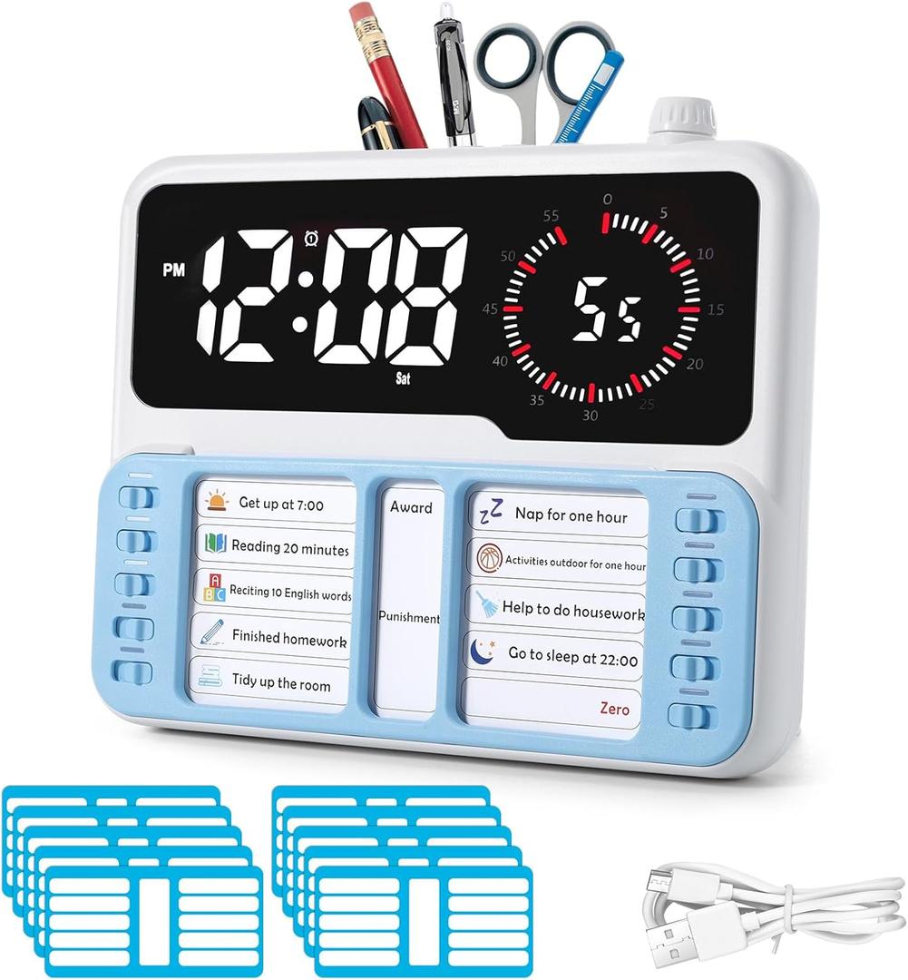 7-in-1 Visual Timer for Kids & Adults with Task Planner  ADHD Time Management Tool with Alarm, Countdown, Calendar, Temperature Display & Storage  Ideal for Home, School (Blue)