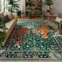 Tiger 9x12 Washable Area Rug, Boho Green Rugs for Living Room