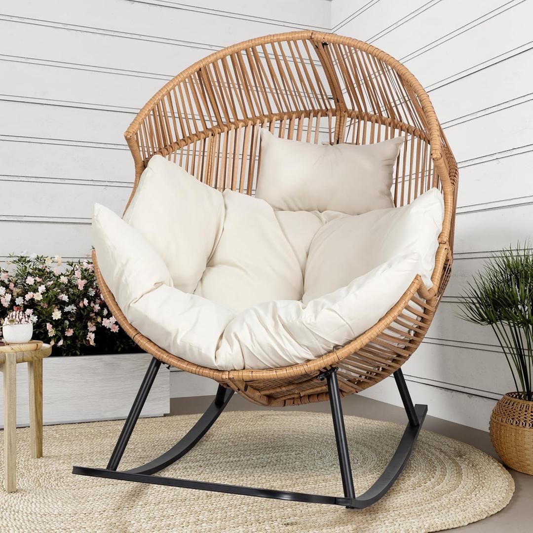 Shintenchi Wicker Egg Chair Outdoor, Oversized Outdoor Indoor Egg Rocking Chair, Large PE Rattan Patio Lounge Chair with Cushion for Patio, Balcony, Backyard, Garden, Beige