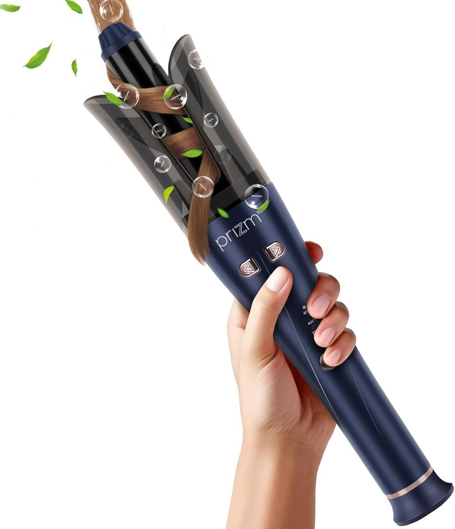 Rotating Curling Iron, Prizm Automatic Hair Curler for Shiny & Effortless Curls, 4 Temp Up to 450& Timer & Dual Voltage Anti-Scald Curling Wand & Lightweight for Travel, Tangle-Free,1 Inch, Blue