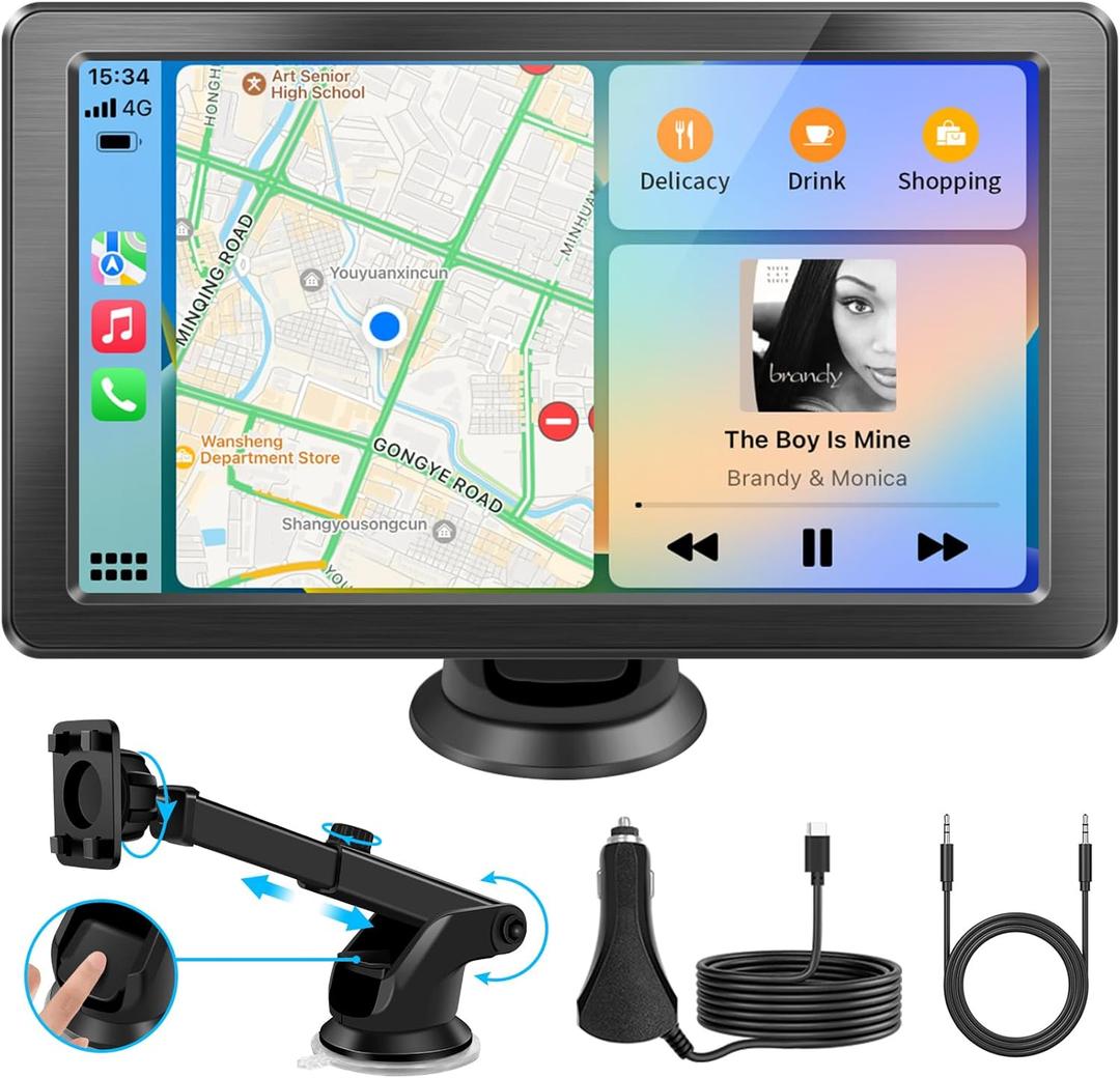 Portable Apple Carplay Screen for Car, 7" HD Car Stereo Touchscreen with Wireless CarPlay & Android Auto, Mirror Link, Bluetooth, Voice Control, Memory Card Playback, AUX - Fits All Vehicles (V5 Suction Cup Moun)