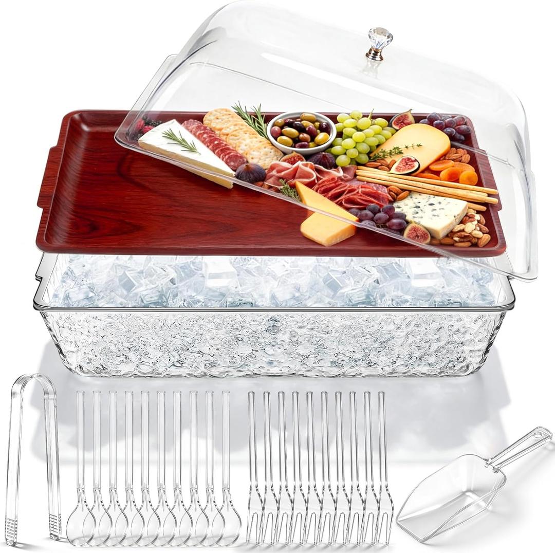 Baderke 16" x 9" Chilled Serving Tray for Parties with lids Compartments Ice Chilled Party Platter Charcuterie Serving Board Cold Dish Dip with Tongs for Fruit Seafood Vegetable (Dark Wood)