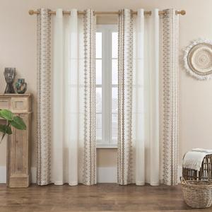 Boho Curtains 84 Inches Long 2 Panels set for Living Room Bedroom Grommet Natural Linen Semi Sheer Bohemian Curtains Rustic Embroidered Drapes Neutral Farmhouse Decor, 52x84 Inch Length, Taupe 