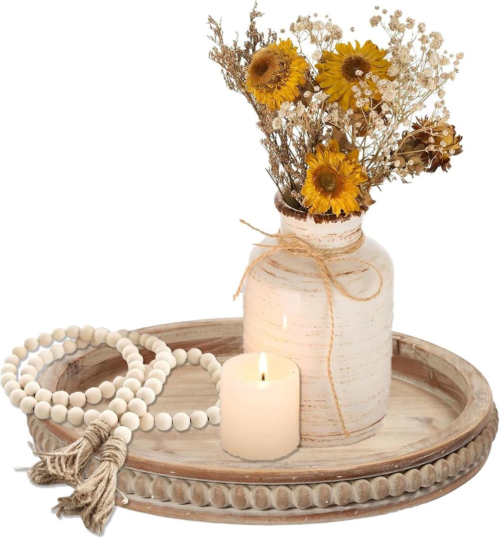 SOFE 16 Inches Round Wood Tray, Hand Crafted Beaded Farmhouse Large Candle Tray Decorative, Rustic Coffee Table Centerpieces for Kitchen and Dining, Living Room