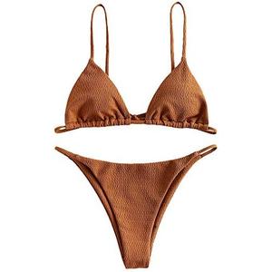 ZAFUL Women's Sexy Triangle Bikini Set Cami String Swimwear Texture High Cut Thong Swimsuit Cheeky Two Piece Bathing Suit L