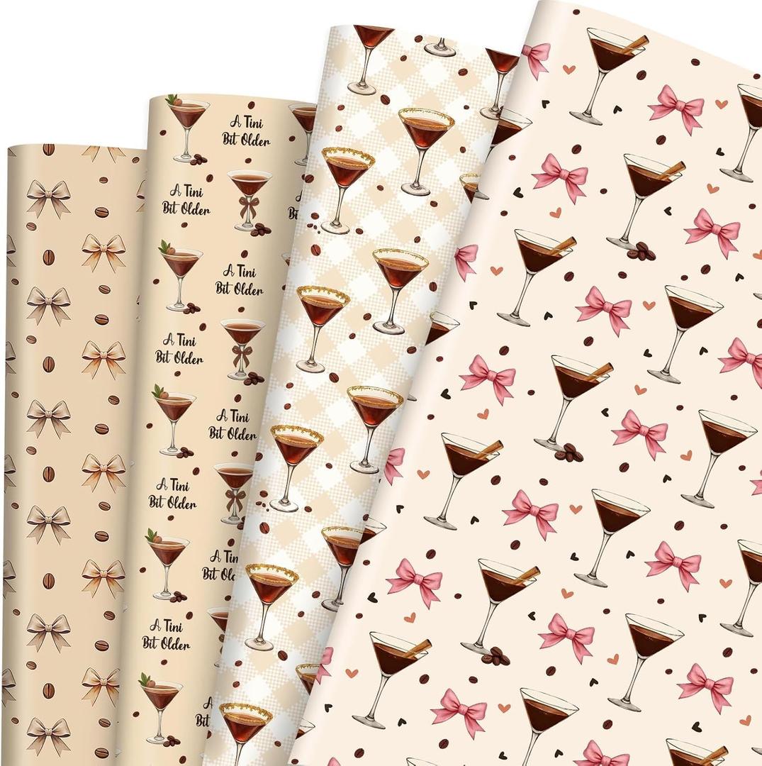 Pineraap 12 Sheets Espresso Martini Wrapping Paper, A Tini Bit Older Gift Wrap Bow Pattern Gift Packing Paper for Birthday Party Bachelorette Bridal Shower DIY Crafts, 19.7 x 27.6 Inch