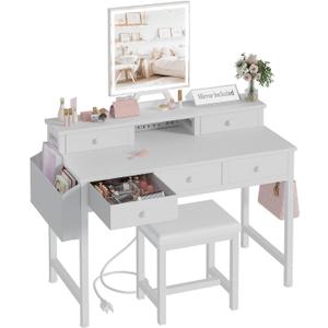 White Makeup Vanity Desk with Mirror and Lights, 40 inch Girls Vanity Set with Chair, Make Up Dresser Table with Drawers and Power Outlet for Bedroom Small Space