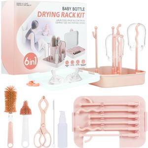Travel Bottle Cleaner Kit, Baby Travel Essentials with Bottle Drying, Silicone Brush, Nipple Cleaner, Clip, Straw Brush, Soap Dispenser, Storage Boxack (Pink)