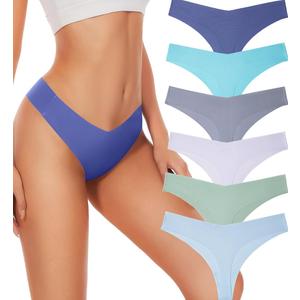 Hellopopgo Seamless Thongs For Women V-waisted No Show Thong Seamless Panties Breathable Comfortable Underwear Womens 6-Pack L