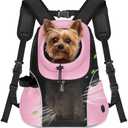 WOYYHO Pet Dog Carrier Backpack Small Dog Front Backpack Ventilated Mesh Dog Travel Back Pack with Safety Belt for Travel Hiking Cycling Outdoor Adventures (Size M: 5-9 lbs, Pink)