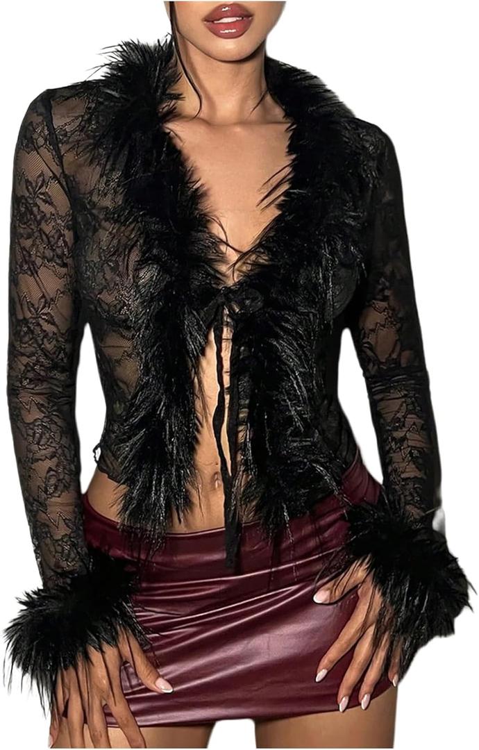 MakeMeChic Women's Faux Fur Fuzzy Long Sleeve Top Mesh Lace Open Front Y2K Tee Shirts (Medium, Black)