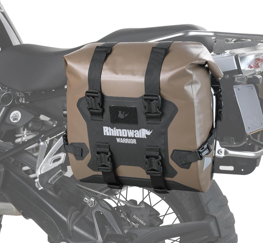 Rhinowalk Motorcycle Saddle Bag Waterproof Side Bag 24-42L, PVC Roll-Top Side Luggage with Magnetic Closure, Lightweight Rear Rack Pannier Bag with Reflective Logo (Brown, 1pair), 48L