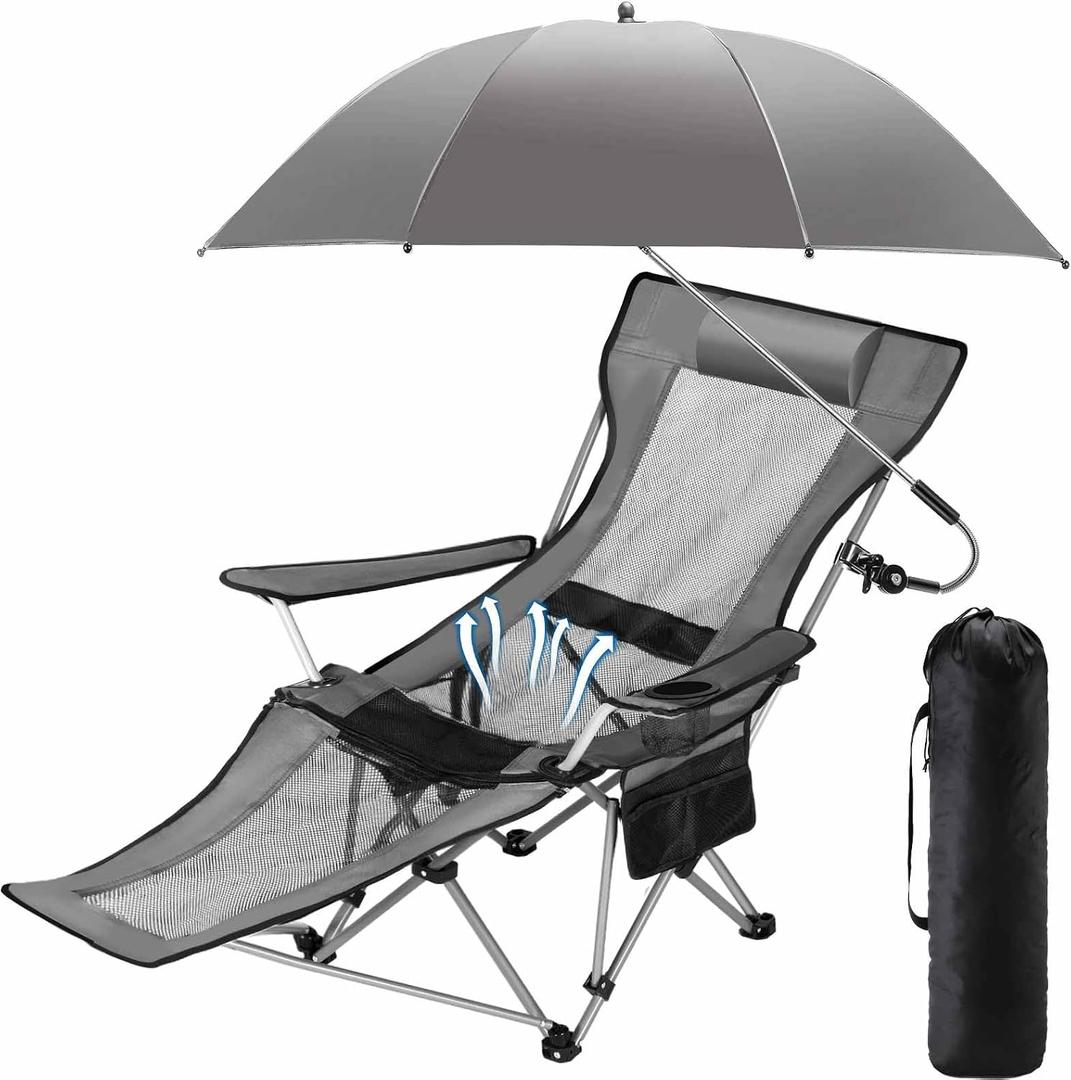 Yuntau Single Reclining Camping Chair with Removable Umbrella Folding Camp Chair for Outdoor(Grey)