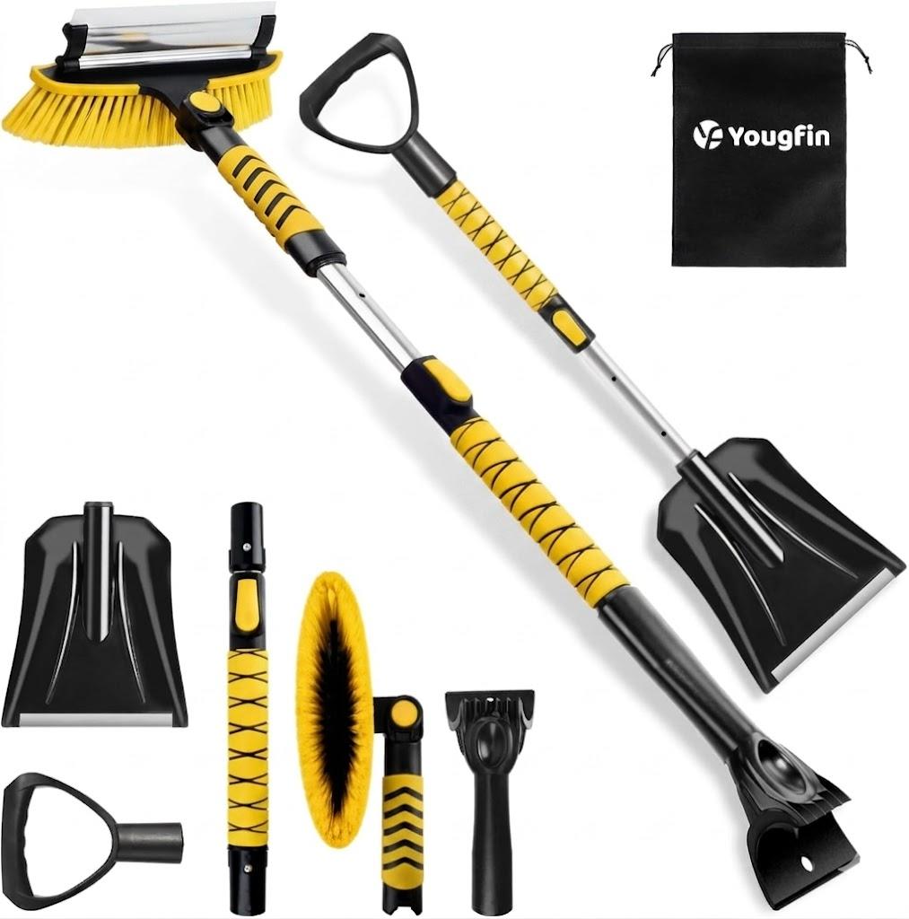 Yougfin Snow Brush with Ice Scraper 33 inch, 4 in 1 Extendable Snow Removal for Cars with Foam Grip and 360° Pivoting Brush Head, Heavy Duty Snow Cleaner for Auto Truck SUV (YELLOW)
