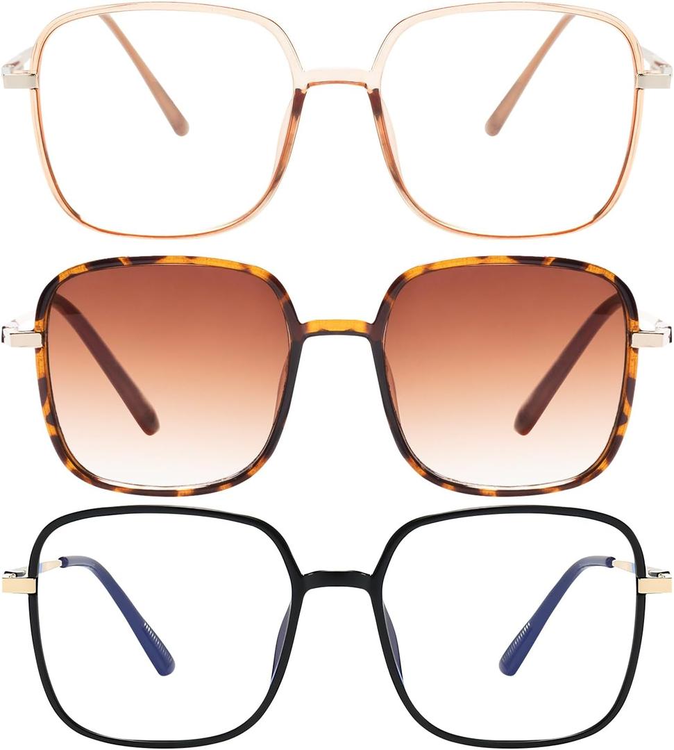 3 Pack Oversized Reading Glasses for Women Men, Large Super Light Frame Blue Light Blocking Readers Eyeglasses (Black,tortoiseshell,brown-1)