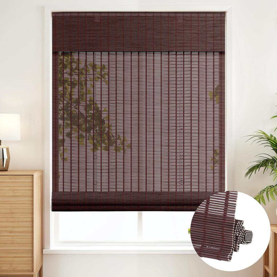 SEEYE Cordless Roman Shades - Natural Bamboo Blinds for Indoor Windows, Roll Up Blind Light Filtering Shade for Home, Doors, UV Resistant & Easy to Install, 26" W x 64" H, Brown