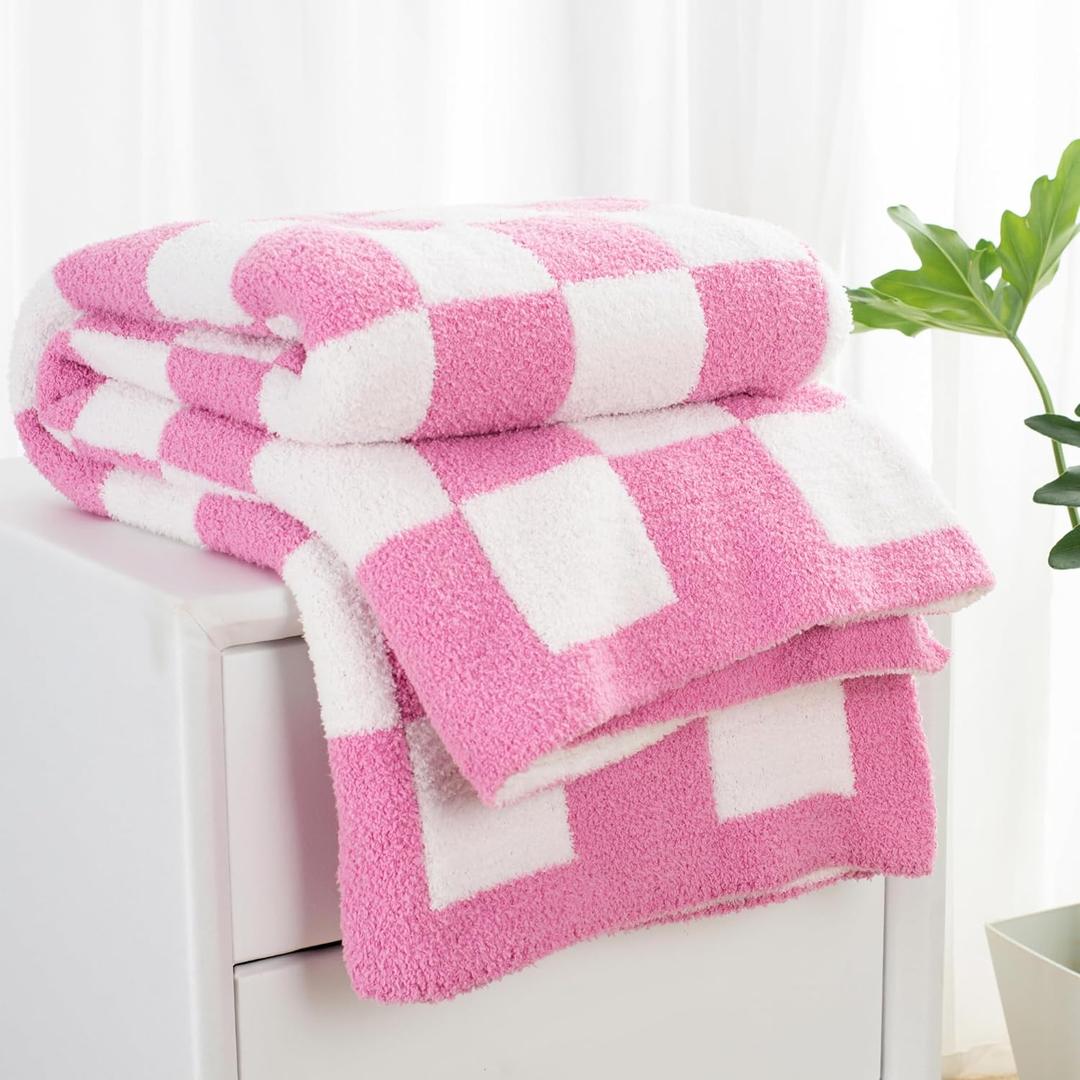 Carriediosa Checkered Throw Blanket 50" X 60", 400GSM Ultra Soft Microfiber Fuzzy Fluffy Reversible Cute Preppy Knitted Blankets Cozy Plush Fall Throws for Couch, Bed, Sofa, Hot Pink