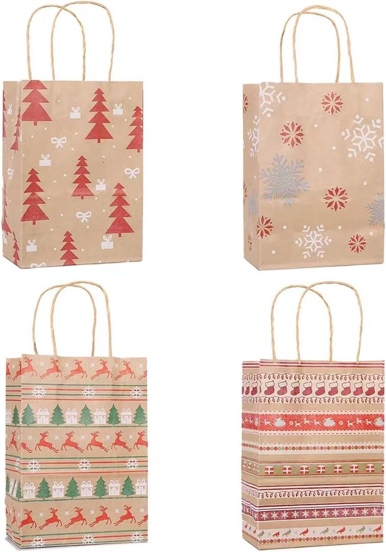 Infanote 24 pcs Christmas Gift Bags With Handles Kraft Paper Treat Candy Goody Goodie Bags Xmas Bulk Pack for Kids Adults Xmas Party Favor Supplies Holiday