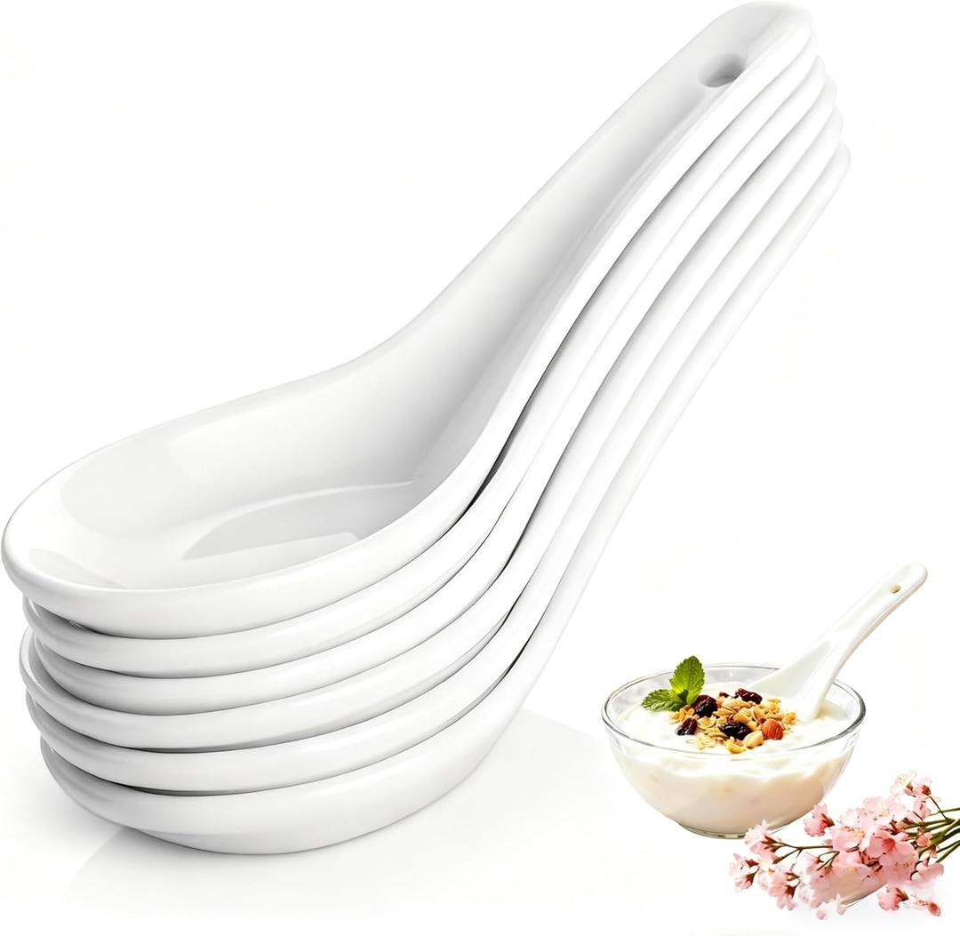 Soup Spoons Set of 6, Asian Ceramic Soup Spoons 5.3" Ramen Spoons Proper for Corelle Pho Miso Wonton Ramen Dumpling Macaron Dishwasher & Oven Safe