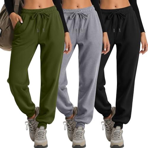 JoyMotion 3 Pack Women's Lounge Joggers Yoga High Waisted Drawstring Sweatpants Comfy Workout Loose Casual Pants with Pockets(Light Gray, Army Green, Black,Medium) Size M