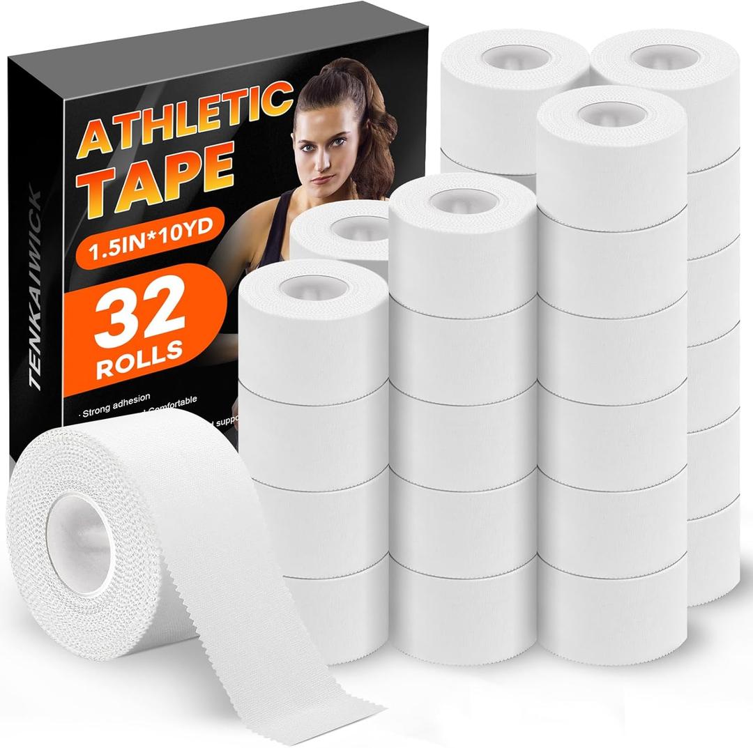 32 Pack Athletic Tape, White Sports Tape for Wrist Ankle Protection, Sports Tape Athletic No Sticky Residue, Easy to Tear Gymnastics Tape for Soccer, Football, Training Supplies (1.5" x 320 Yards)
