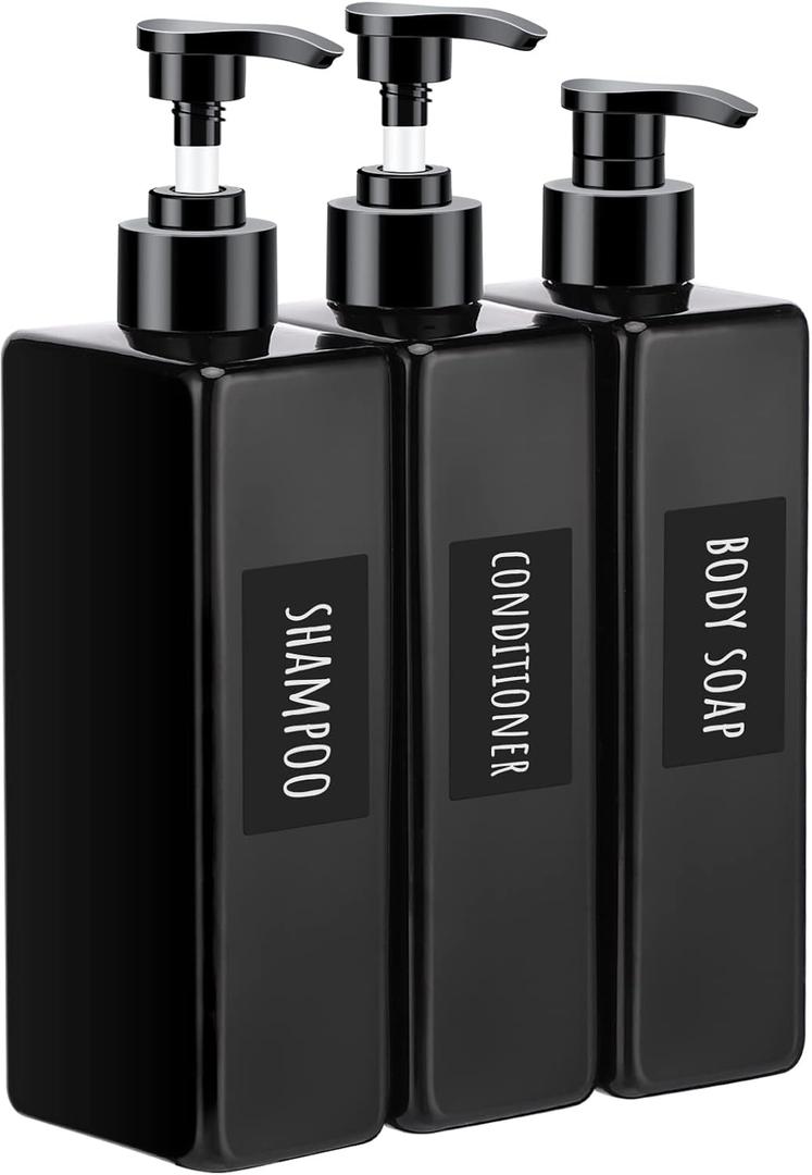 Segbeauty Shower Refillable Dispenser, 3pcs 16.9oz 500ml Pump Press Bottles with Labels, Empty Reusable Plastic Soap Dispenser Bathroom Shower Containers for Body Wash Shampoo Conditioner Lotion Black (Black-self-labeling)