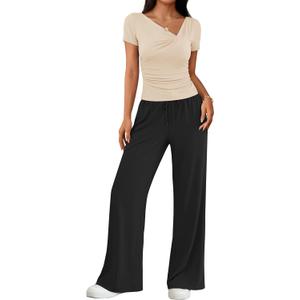 ZESICA 2 Piece Lounge Sets for Women 2026 Casual Summer Short Sleeve Ruched Top Wide Leg Pants Matching Travel Outfits