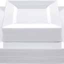 N9R 60PCS White Square Plastic Plates, 30 Dinner & 30 Dessert Plates Heavy Duty, Fancy Disposable Plates for Party, Wedding and other Events