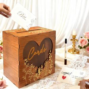 Wooden Heart Wedding Card Box with Acrylic Window - Rustic Card Boxes for Wedding Reception & Bridal Shower, Wooden Money Holder for Honeymoon Fund, Includes 20 Cards & Pen
