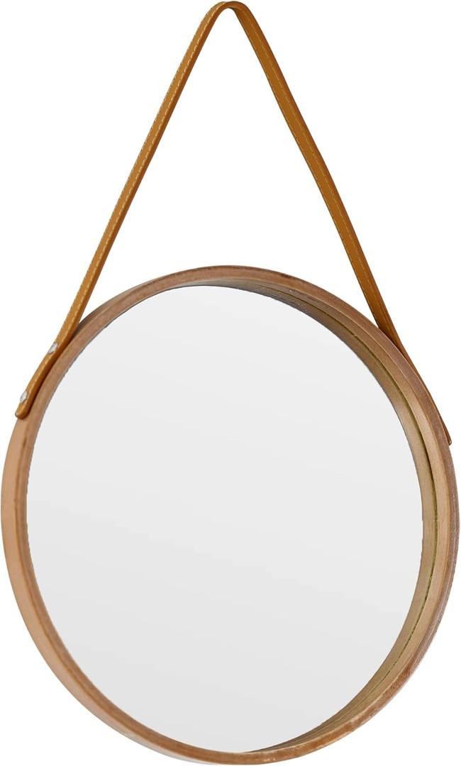 Natural Round Hanging Mirror, 11.8 Inch Farmhouse Mirror with Leather Hanging Rope for Bathroom, Bedroom, Living Room, Entryway Home Decor, (Natural, S-11.8in)