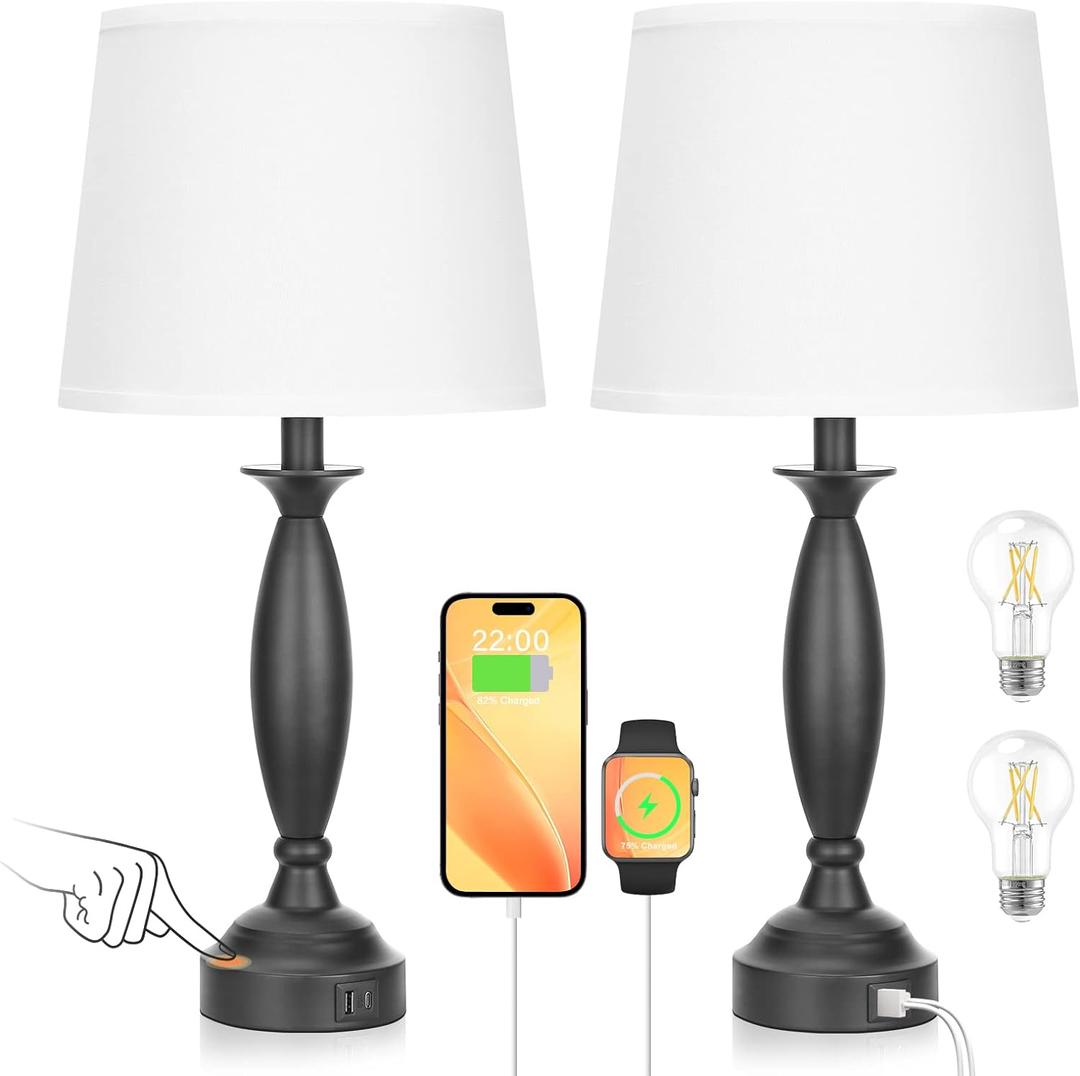 Seealle White Lamps for Bedrooms Set of 2 - Touch Control Bedside Lamp with USB C+A, 3 Way Dimmable Nightstand Lamps with USB Port, Table Lamp for Living Room(White Shade and Black Base)