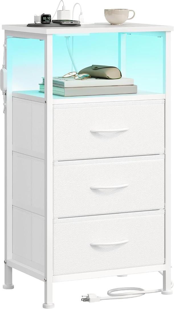 SONGMICS BELLAH Collection - Nightstand with Charging Station and App-Controlled Adjustable LED Lights, Bed Side Table, 3 Drawer and 1 Open Shelf, Bedroom, Cloud White and Snow White ULGS303WH01S
